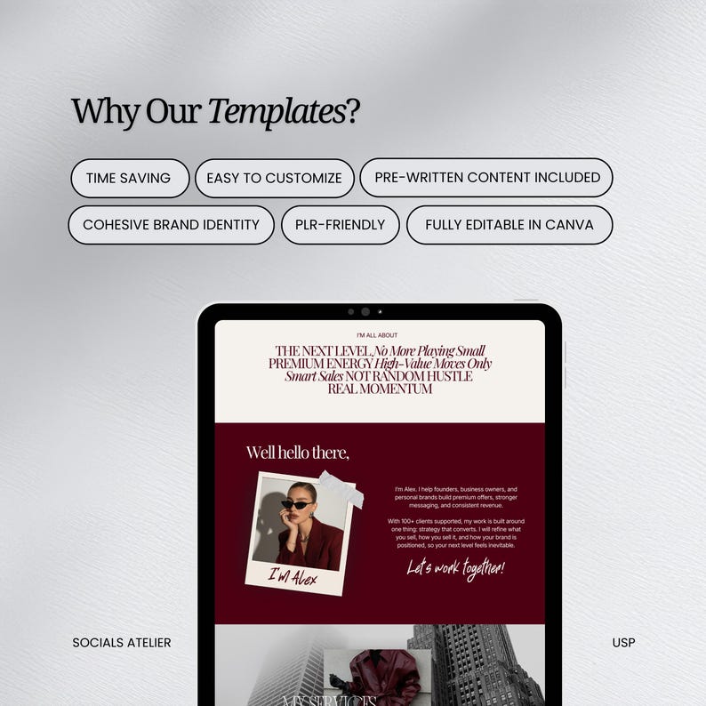 May include: A digital marketing template design with the text "Why Our Templates?" and bullet points: "Time Saving", "Easy to Customize", "Pre-written Content Included", "Cohesive Brand Identity", "PLR-Friendly", and "Fully Editable in Canva".