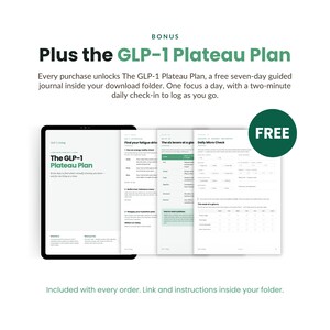 May include: A digital document titled The GLP-1 Plateau Plan, featuring a seven-day guided journal with daily check-in logs, a fatigue driver guide, and a daily micro check table. The document includes a green circular badge labeled FREE.