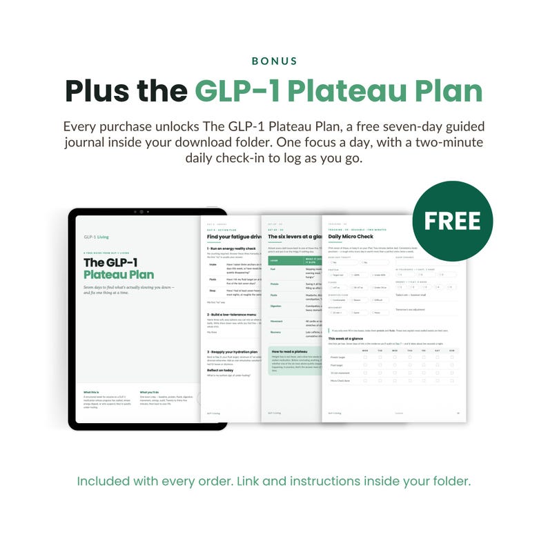 May include: A digital document titled The GLP-1 Plateau Plan, featuring a seven-day guided journal with daily check-in logs, a fatigue driver guide, and a daily micro check table. The document includes a green circular badge labeled FREE.