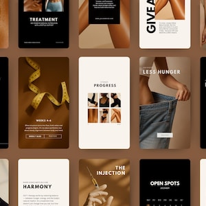 Könnte beinhalten: Eine Sammlung von Social-Media-Posts mit braunem Hintergrund. Die Beiträge enthalten Text und Bilder zu medizinischer Gewichtsabnahme und Lifestyle-Unterstützung. Einige Beiträge enthalten Text wie "Behandlung", "Stetiger Fortschritt" und "Weniger Hunger".