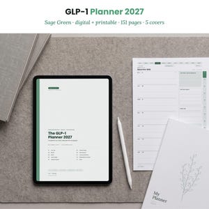 GLP-1 Planner 2027 Saliegroen, 2026 2027 Alles-in-één digitale planner, GoodNotes afslankdagboek, iPad-planner met hyperlinks, maaltijdtracker