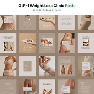 May include: A collection of 50 editable social media post templates for a GLP-1 weight loss clinic. The templates feature a neutral beige color palette, minimalist typography, and imagery of injection pens, health tracking charts, and wellness concepts.