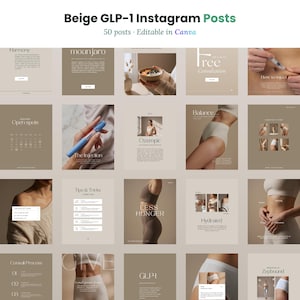 May include: A collection of 50 beige-themed Instagram post templates titled Beige GLP-1 Instagram Posts, editable in Canva. The grid displays various layouts featuring text, medical injection pens, health-related imagery, and wellness graphics.