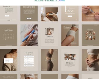 Instagram-Posts GLP-1 | 50 beige ästhetische Vorlagen | Bearbeitbare Canva-Designs für Medspa