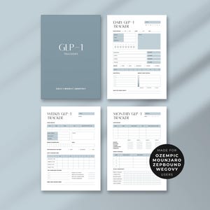 May include: A set of four GLP-1 trackers, including daily, weekly, and monthly formats. The cover is a muted blue with "GLP-1 TRACKERS" printed in white. The trackers are designed for Ozempic, Mounjaro, Zepbound, and Wegovy users.