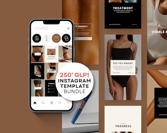 GLP-1 viktminskning Instagram-mallar | Canva-paket för marknadsföring av medicinsk spa | Kit för sociala medier för kliniker | Canva-mallar för peptidbehandling