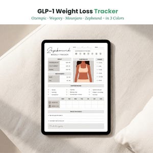 May include: A digital tablet displaying a Zepbound weekly weight loss tracker. The layout includes sections for weight, measurements, injection site, dosage, symptom tracking, mood, energy, and reflection goals, featuring a human torso illustration.
