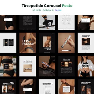 May include: A digital collection of 50 editable social media carousel posts titled Tirzepatide Carousel Posts. The graphics feature text, medical injection pens, and photographs of individuals in athletic wear, focusing on health and wellness themes.