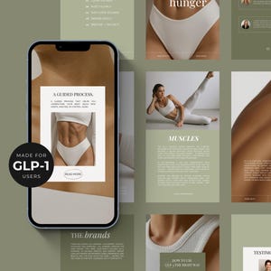 May include: A smartphone displays a webpage with the text "A Guided Process" and an image of a person's torso in white underwear. The phone is surrounded by other images with text and a woman in workout clothes. The text "Made for GLP-1 Users" is also visible.