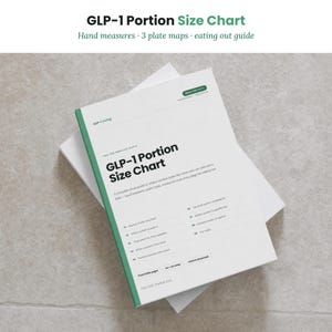 Puede incluir: Un documento blanco titulado GLP-1 Portion Size Chart con detalles en verde. El texto incluye medidas manuales, 3 mapas de platos y una guía para comer fuera. Indica 10 páginas imprimibles, tamaños A4 y US Letter, y descarga inmediata.