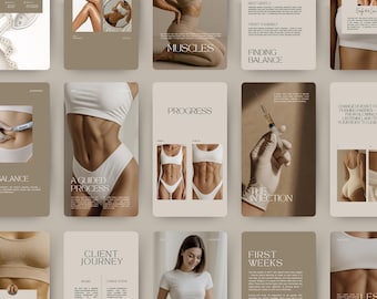 glp1 mall för sociala medier, Canva redigerbart Instagram-kit Tirzepatide Semaglutid viktminskning för nedladdning av medspas-kliniker, beige estetik