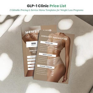 May include: Two rectangular pricing and service menu templates for weight loss programs. The templates feature text including GLP-1 Clinic Price List, January Promotion, Ozempic Care, Wegovy Support, and Mounjaro/Zepbound with associated dollar prices.