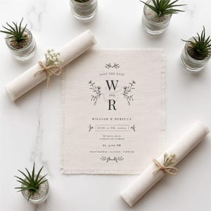 Fabric Invitation Frayed Edge Style, Handcrafted Linen Wedding Invite with Boho Charm, Perfect Custom Wedding Gift