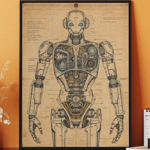 May include: Framed print of a detailed robot schematic. The artwork features a vintage-style blueprint with intricate mechanical details in shades of beige, blue, and brown. The robot's internal components are visible, offering a glimpse into its design.