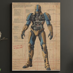May include: A framed illustration of a futuristic robot, rendered in shades of blue and gold, stands against a backdrop of technical schematics. The artwork features the text "FIELD FAILURE / REMEDY GUIDE".