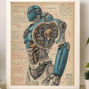 May include: Framed print of a detailed robot illustration. The robot is primarily blue and silver, with exposed mechanical components. The background features technical drawings and handwritten notes, all within a white frame. The artwork has a vintage, blueprint aesthetic.