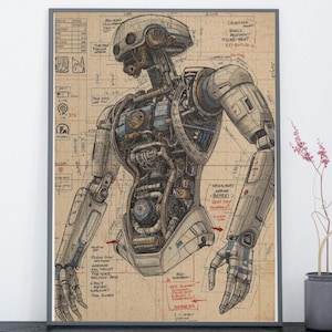 May include: Framed print of a detailed robot schematic. The artwork features a mechanical figure with exposed internal components, rendered in shades of gray, blue, and beige. The background includes technical drawings and handwritten notes, creating a vintage aesthetic.