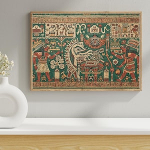 May include: A framed print with a detailed illustration. The artwork features figures in traditional attire, with intricate patterns and symbols in red, beige, and green against a green background. The overall theme is historical or cultural.
