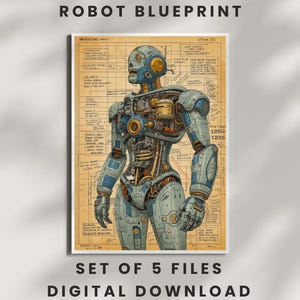 Op de afbeelding: Een digitale print met een gedetailleerde robotblauwdruk-illustratie. De robot is afgebeeld in tinten blauw en grijs, met zichtbare mechanische componenten. De achtergrond is een blauwdruk in vintage-stijl met technische annotaties. De tekst bovenaan luidt "ROBOT BLUEPRINT".