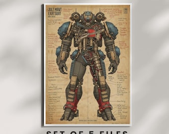 Robot Blueprint Wall Art - 02, Retro Tech Humanoid Machine Design, Sci-Fi Digital Print
