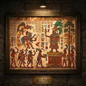 Könnte beinhalten: Ein gerahmtes, rechteckiges Wandbild, das eine farbenfrohe Maya-Ritualszene mit Figuren, einer zentralen Gottheit, einem Jaguar und Glyphen zeigt. Unter dem Rahmen befindet sich eine kleine Plakette mit japanischem Text: 古代マヤ: 儀式と供物 (複製パズル, 19世紀復元).
