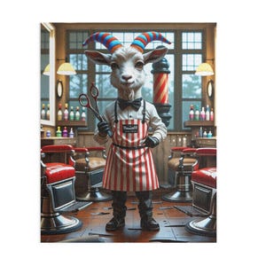 Pode incluir: Um quebra-cabeça caprichoso com um bode barbeiro em um ambiente de barbearia vintage. O bode, usando um avental listrado e uma gravata borboleta, segura uma tesoura. O fundo inclui cadeiras de barbeiro, um poste de barbeiro e prateleiras com garrafas.