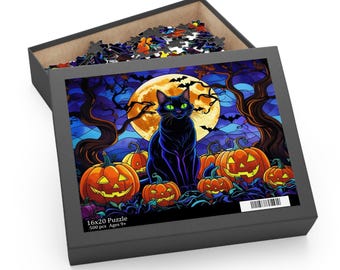 Halloween Cat Puzzle: Spooky Pumpkin Theme, Family Game (120-500 Pieces