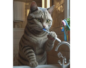 May include: A tabby cat is depicted brushing its teeth with a blue toothbrush in a bathroom setting. The cat is gray and brown with green eyes. Other toothbrushes are in a holder near the sink. The image is a puzzle.