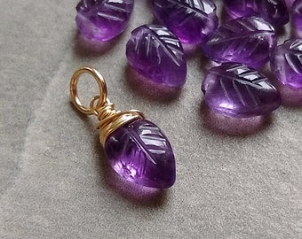M - Natural Stone Purple Amethyst Charm for Bracelet, Necklace, or Earring - Wire Wrapped Leaf Pendant - Born in February Birthstone Jewelry