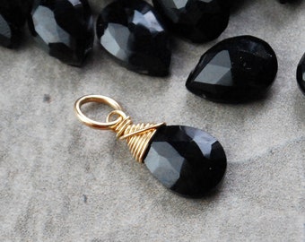 Wire Wrapped Black Onyx Gemstone Charm - Jet Black Chalcedony Pendant - Negative Energy Protection Stone Jewelry - JustDangles