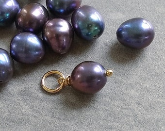 M- Black Purple Blue Peacock Pearl Pendant for Chain - Genuine Cultured Pearl Jewelry - Silver, Gold, Rose Gold Wire Wrap Pendant