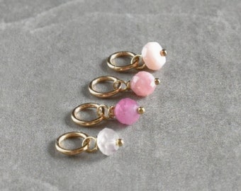 Tiny Solo - Pink Tourmaline, Rose Quartz, Pink Peruvian Opal, Rhodochrosite - Natural Stone Sterling Silver Charm Jewelry - Solid 14k Gold