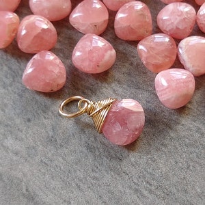 Small - Wire Wrapped Rhodochrosite Stone Charm for Bracelet - Natural Rhodochrocite Pendant for Necklace - Silver, 14k Gold, Rose Gold Charm