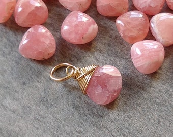 Small - Wire Wrapped Rhodochrosite Stone Charm for Bracelet - Natural Rhodochrocite Pendant for Necklace - Silver, 14k Gold, Rose Gold Charm