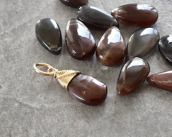 L - Rare Unique Cats Eye Sillimanite Gemstone Charm - Sterling Silver 14k Gold Wire Wrap Pendant for Chain - Natural Genuine Stone Red Grey