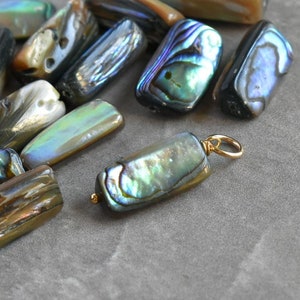 May include: A collection of iridescent abalone shell beads in various shades of blue, green, and brown. The beads are rectangular in shape and have a smooth, polished surface.