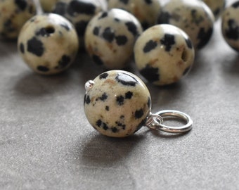 CLEARANCE - Sm - Dalmatian Jasper Pendant Natural Stone Jewelry - Wire Wrapped Sterling Silver Charm for Huggie Hoop Earring - Just Dangles