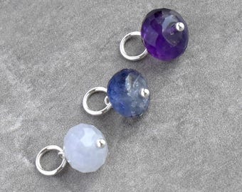 8-10mm Solo - Pale Aquamarine, Purple Amethyst, Blue Iolite - Charm Drop Huggie Hoop Earring, Hair Accessory, Necklace Chain, Something Blue
