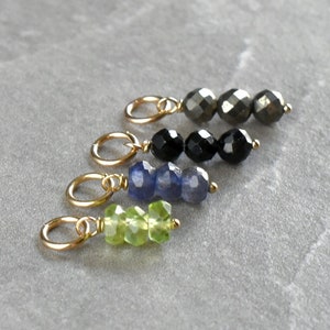 Tiny Trio Stack - Green Peridot, Black Tourmaline, Grey Pyrite, Blue Iolite - Sterling Silver, 14k Gold Huggie Earring Charms - JustDangles