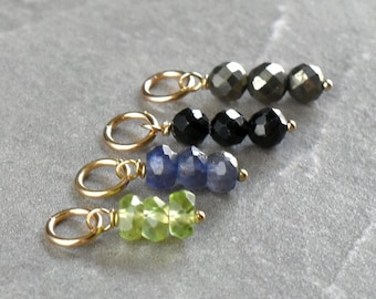 Tiny Trio Stack - Green Peridot, Black Tourmaline, Grey Pyrite, Blue Iolite - Sterling Silver, 14k Gold Huggie Earring Charms - JustDangles