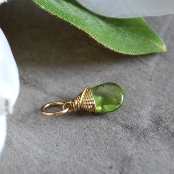 L-Wire Wrapped Genuine Peridot Charm for Bracelets - Natural Stone Peridot Pendant Necklace - 14k Gold, Rose Gold, Sterling Silver Jewelry