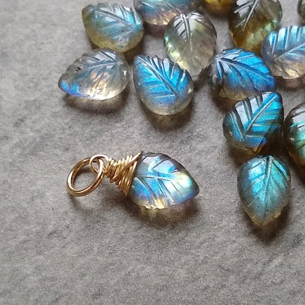 M Blue Green Gold Labradorite Charm Wire Wrapped Silver 14k Gold Drop for Necklace Chain - Huggie Earring Hoop - Carved Gemstone Leaf