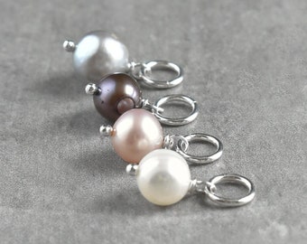 M - Sterling Silver 14k Gold Fill or Solid Gold Genuine Cultured Freshwater Pearl Charm - Cream White Peach Pink Bronze Peacock Black Grey
