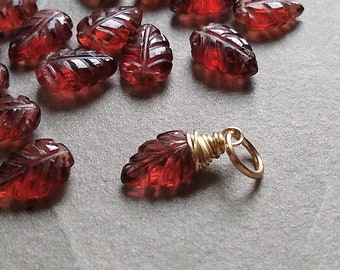 S - Natural Gemstone Dark Red Garnet for Interchangeable Charm Necklace - Wire Wrapped Leaf Pendant - Born in January Birthstone Jewelry