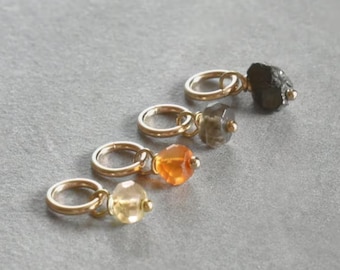 Tiny Solo - Real Stone Charm for Bracelet - Small Birthstone Jewelry Handmade - Orange Carnelian - Fool&#39;s Gold Pyrite Nugget - Smoky Quartz