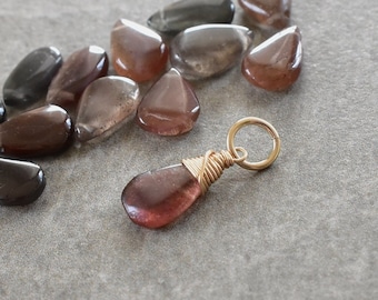 S - Rare Unique Cats Eye Sillimanite Gemstone Charm - Sterling Silver 14k Gold Wire Wrap Pendant for Chain - Natural Genuine Stone Red Grey