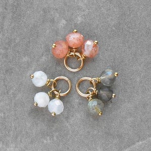 Tiny Trio Cluster - White Moonstone, Orange Sunstone, Grey Labradorite - Sterling Silver 14k Gold Wire Wrap Stone Earring Charm