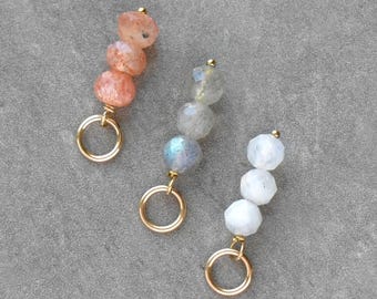 Tiny Trio Stack - White Rainbow Moonstone, Orange Sunstone, Grey Labradorite - Sterling Silver 14k Gold Wire Wrapped Stone Charm