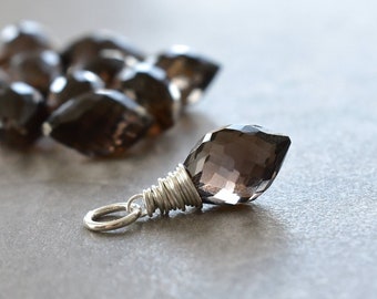 Natural Smoky Quartz Gemstone Charm for Necklace Chain - Wire Wrapped Gemstone Jewelry - Sterling Silver, 14k Gold - JustDangles Charms