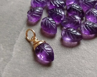 M - Natural Stone Purple Amethyst Charm for Bracelet, Necklace, or Earring - Wire Wrapped Leaf Pendant - Born in February Birthstone Jewelry